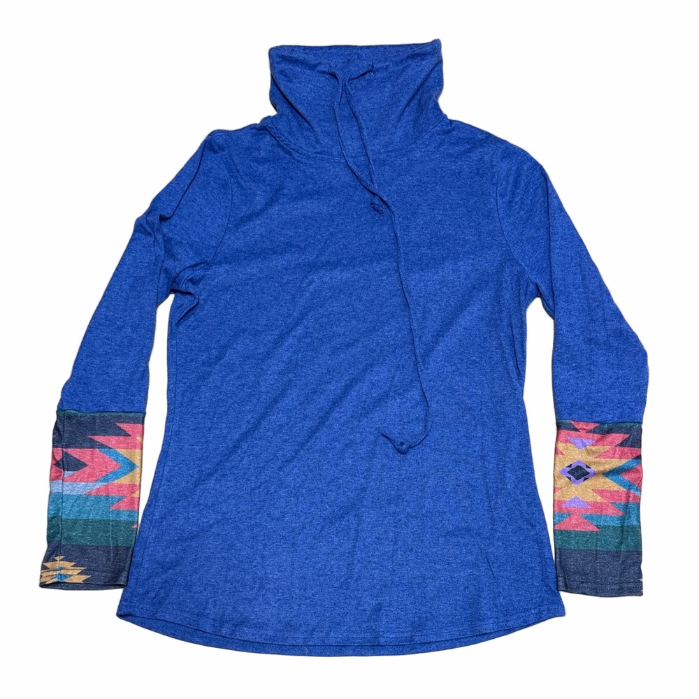 Blue Cowl Neck Top with Patterned Sleeves. Aztec Colorful Cozy Soft